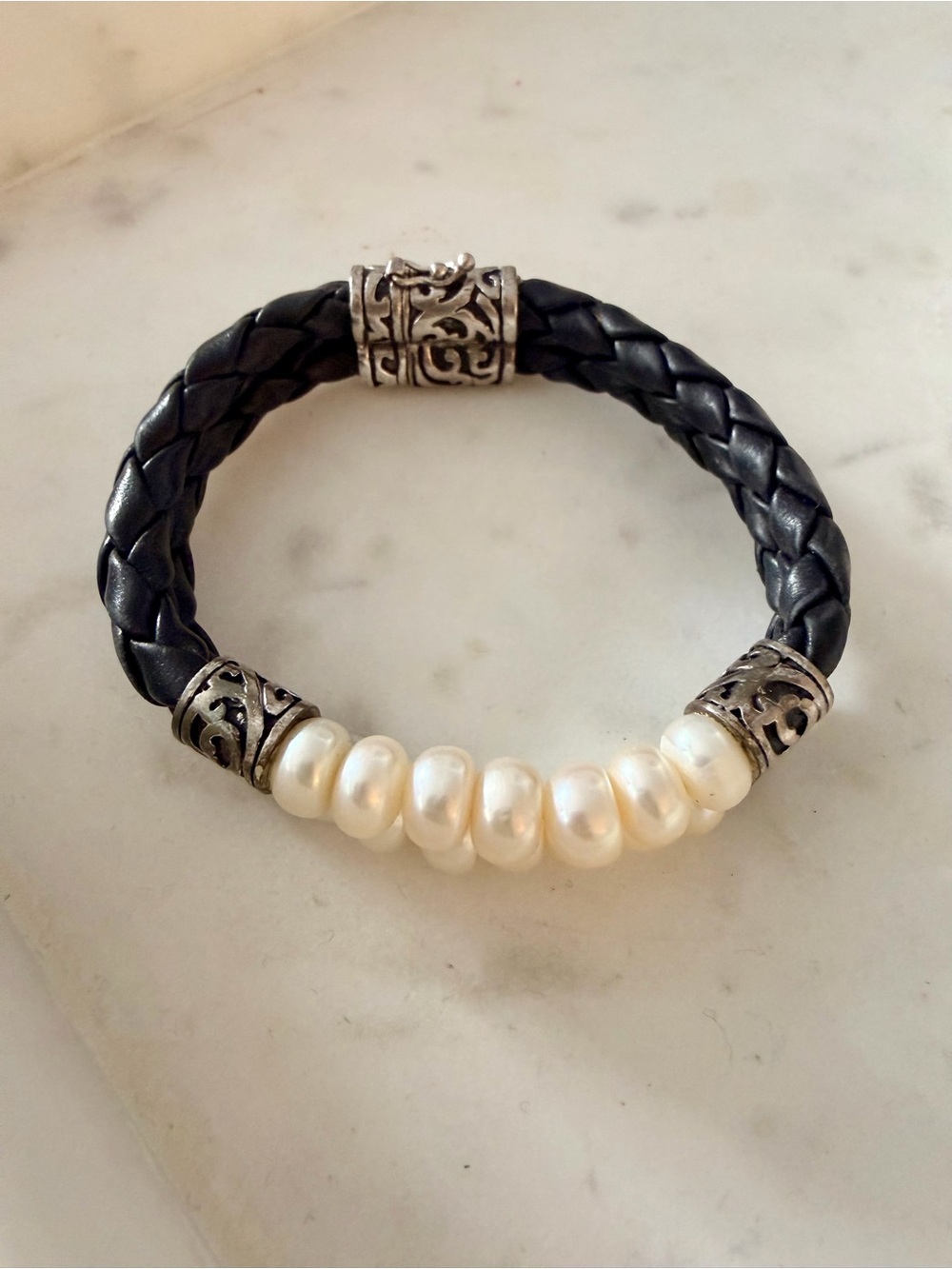 Honora Sterling Silver Fresh Cultured Pearl Leather Braided Bracelet